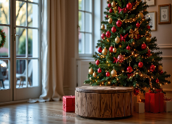 Choinka, Prezenty, Podium, Okno, Boże Narodzenie, Grafika AI