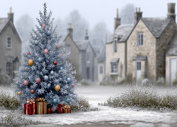 Boże Narodzenie, Choinka, Domy, Prezenty, Grafika AI