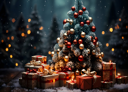 Boże Narodzenie, Prezenty, Kokardy, Choinka, Bombki, Światełka, Śnieg, Noc