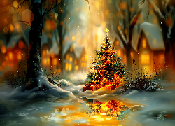 Boże Narodzenie, Choinka, Domy, Prezenty, Zima, Grafika AI