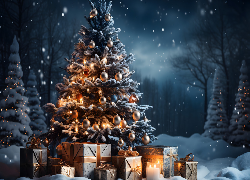 Boże Narodzenie, Choinka, Bombki, Światełka, Prezenty, Śnieg, Las, Noc