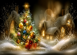 Boże Narodzenie, Choinka, Domy, Śnieg, Noc, Prezenty, Bombki, Grafika AI