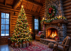 Pokój, Choinka, Prezenty, Kominek, Dekoracja, Wianek, Fotel, Boże Narodzenie