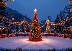 Zima, Choinka, Lodowisko, Światełka, Prezenty, Boże Narodzenie