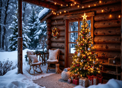 Zima, Śnieg, Dom, Taras, Udekorowana, Choinka, Prezenty, Wieniec, Krzesła, Drzewa, Boże Narodzenie, Grafika AI