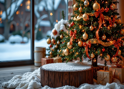 Choinka, Śnieg, Podium, Okno, Boże Narodzenie, Grafika AI