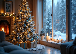 Boże Narodzenie, Prezenty, Choinka, Kominek, Okno