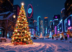 Boże Narodzenie, Choinka, Miasto, Wieżowce, Neony, Zima