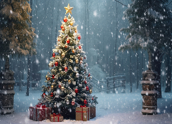 Zima, Boże Narodzenie, Choinka, Prezenty, Grafika