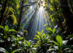 Tropikalny, Las, Rośliny, Przebijające światło, Grafika AI