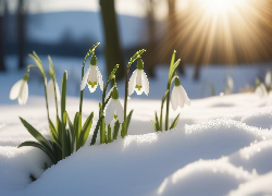 Kwiaty, Białe, Przebiśniegi, Śnieg, Promienie słońca