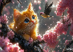 Grafika, Rudy, Kot, Ptak, Gałązka, Kwiaty, Różowe