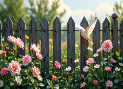 Płot, Kwiaty, Róże, Ptak
