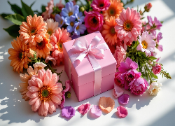 Kolorowe, Kwiaty, Płatki, Pudełko, Prezent, Kokarda