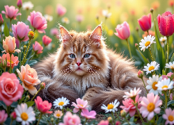 Kot, Puszysty, Kwiaty, Tulipany, Róże, AI