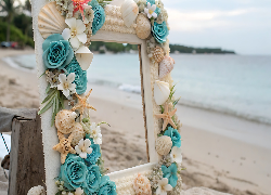 Plaża, Morze, Piasek, Ramka, Muszle, Róże, Dekoracja