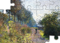 Malarstwo, Obraz, Claude Monet, The Sheltered Path, Droga, Drzewa, Postać, Drzewa, Krzewy