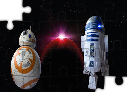 Film, Gwiezdne wojny, Star Wars, Roboty, R2-D2, BB-8, Planeta, Gwiazdy