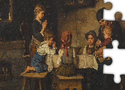 Malarstwo, Obraz, Franz von Defregger, Dzieci, Kobieta, Rodzina, Stół, Modlitwa