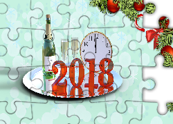 Nowy Rok, 2018, Szampan, Kieliszki, Zegar, Sylwester, Grafika 2D