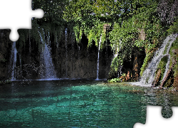 Chorwacja, Park Narodowy Jezior Plitwickich, Plitvice, Jezioro, Rośliny, Wodospad