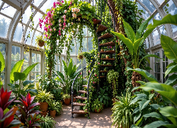 Szklarnia, Weranda, Kwiaty, Schody, Rośliny