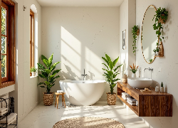 Łazienka, Wanna, Umywalka, Kwiaty, Lustro, Szafki, Taboret, Dywan