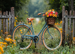 Płot, Rower, Kwiaty, Koszyk