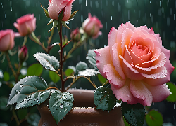 Kwiat, Róża, Różowa, Deszcz, Krople, Grafika