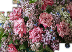 Bukiet, Kwiaty, Bez, Lilak, Róże, Różowe