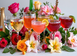Drinki, Kieliszki, Kwiaty, Róże, Lilie