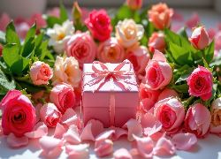 Pudełko, Prezent, Kokarda, Róże, Płatki