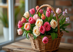 Kwiaty, Bukiet, Róże, Tulipany, Koszyk, Stół, Okno