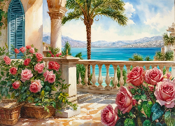 Grafika, Morze, Balkon, Palma, Kwiaty, Róże, Dom