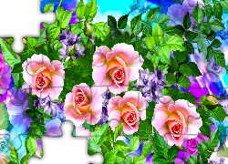 Kwiaty, Różowe, Róże, Liście, Grafika