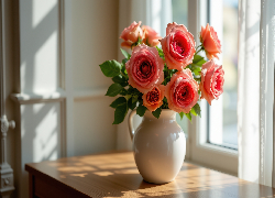 Kwiaty, Róże, Biały, Dzbanek, Stół, Okno