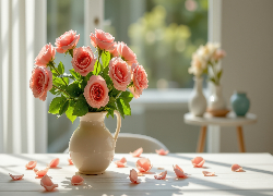 Kwiaty, Róże, Dzbanek, Stół, Okno