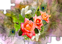 Kwiaty, Róże, Bez, Listki, Pawie pióra, Grafika