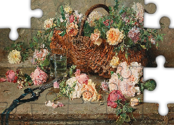 Malarstwo, Obraz, Adolphe Grison, Kwiaty, Róże, Bukiet, Koszyk