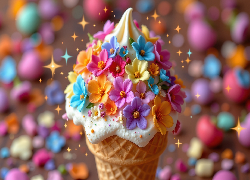 Lód, Lody, Wafelek, Kolorowe, Kwiaty