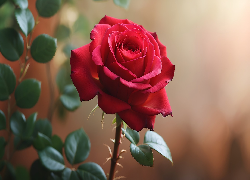 Rozkwitająca, Czerwona, Róża, Zielone, Listki