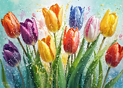 Kolorowe, Rozkwitające, Tulipany, Grafika
