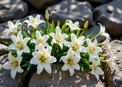 Białe, Rozkwitnięte, Lilie, Kamienie