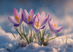 Fioletowe, Krokusy, Grafika AI, Śnieg