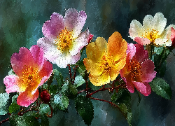 Róże, Kolorowe, Kwiaty, Gałązka, Liście, Grafika AI