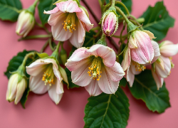 Kwiaty, Liście, Różowe tło, Grafika AI