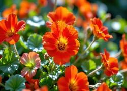 Pomarańczowe, Kwiaty, Liście, Grafika AI