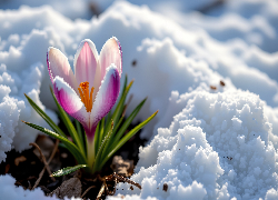 Krokus, Kwiat, Śnieg, Grafika AI