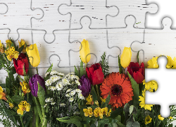 Kwiaty, Tulipany, Gerbera, Chryzantemy, Alstremerie