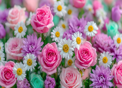Kwiaty, Różowe, Róże, Białe, Stokrotki, Fioletowe, Astry